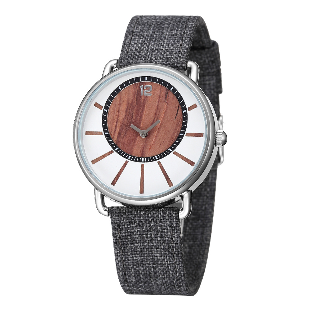 Classic Men's Quartz Watch Vintage Denim Strap Wooden Watch
