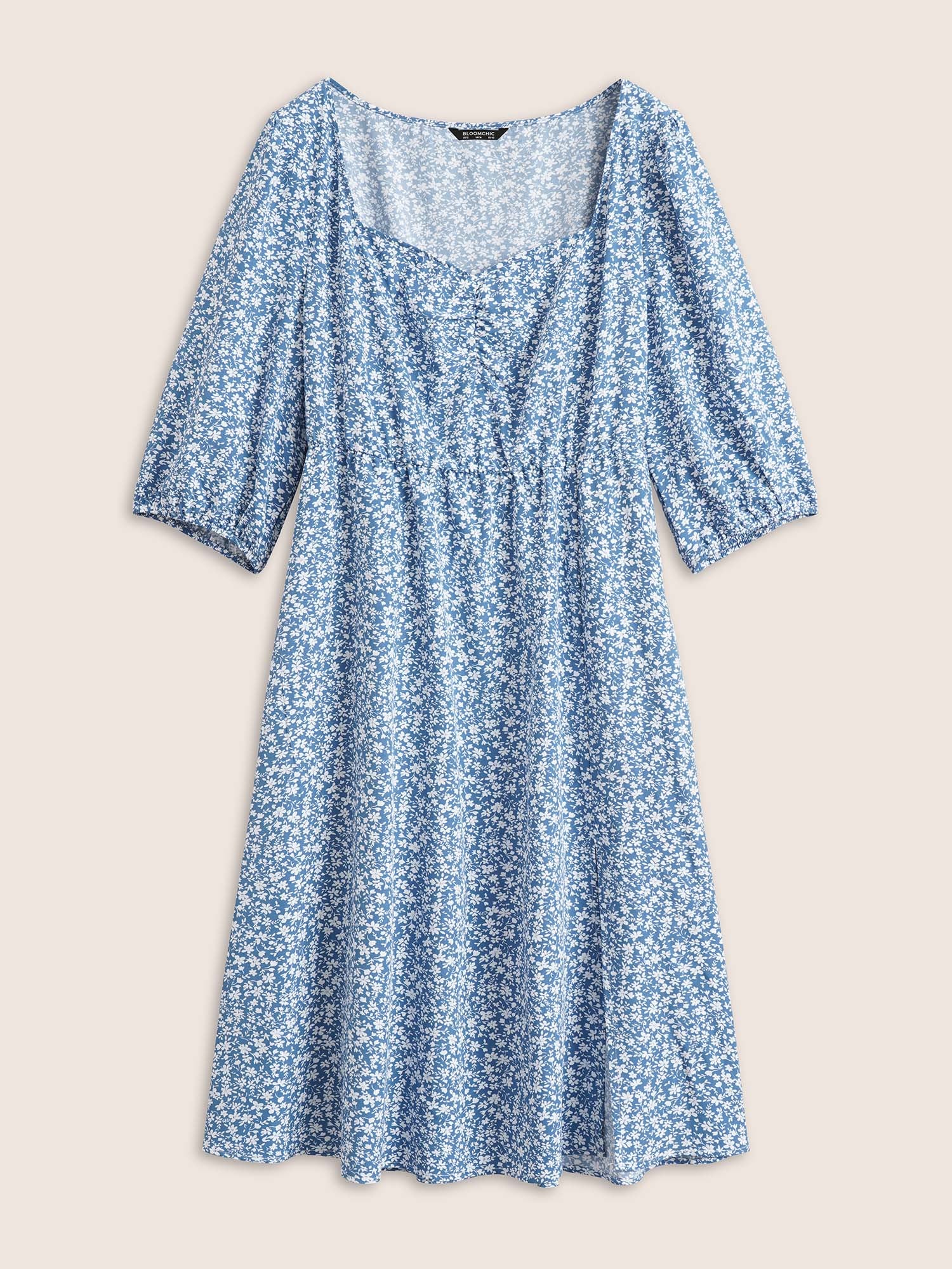 Ditsy Floral Print Square Neck Split Hem Dress