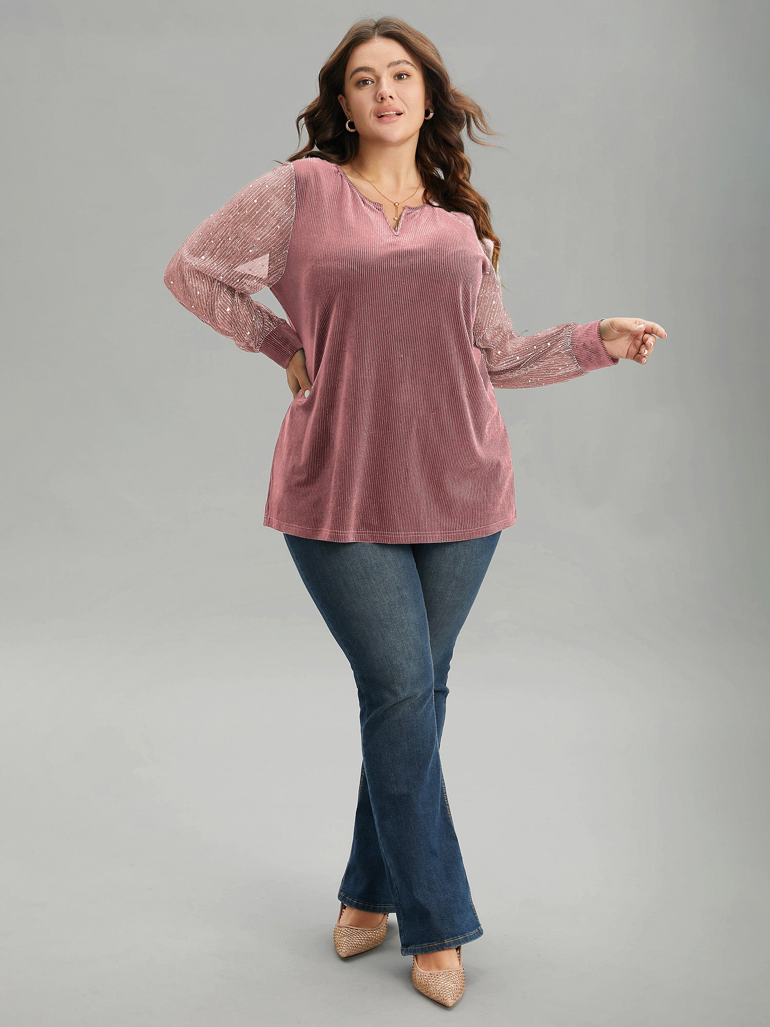 Velvet Patchwork Mesh Sequin Notched T-shirt