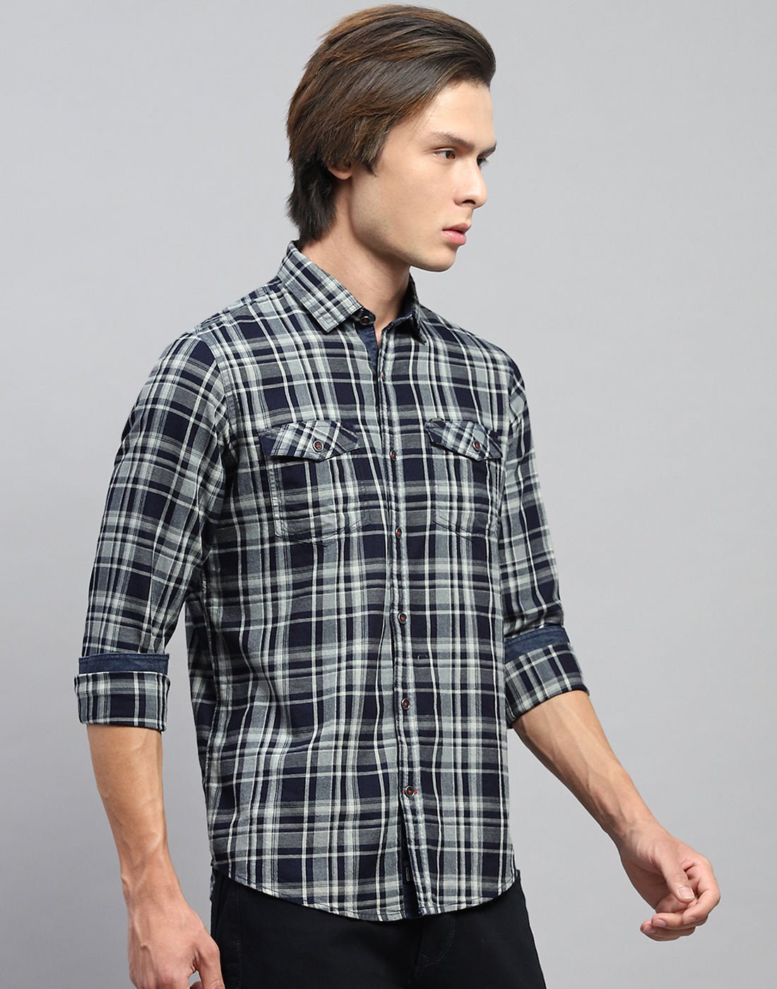 Men Navy Blue Check Collar Full Sleeve Shirt