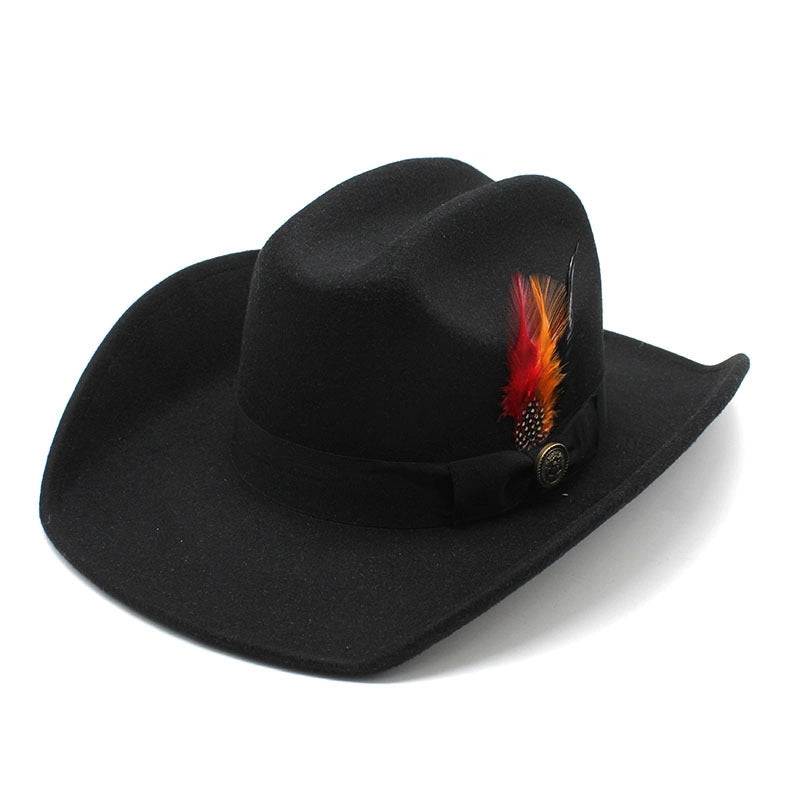 Men's Woolen Western Black Cowboy Hat Feather Hump Autumn And Winter Riding Fashion Hat