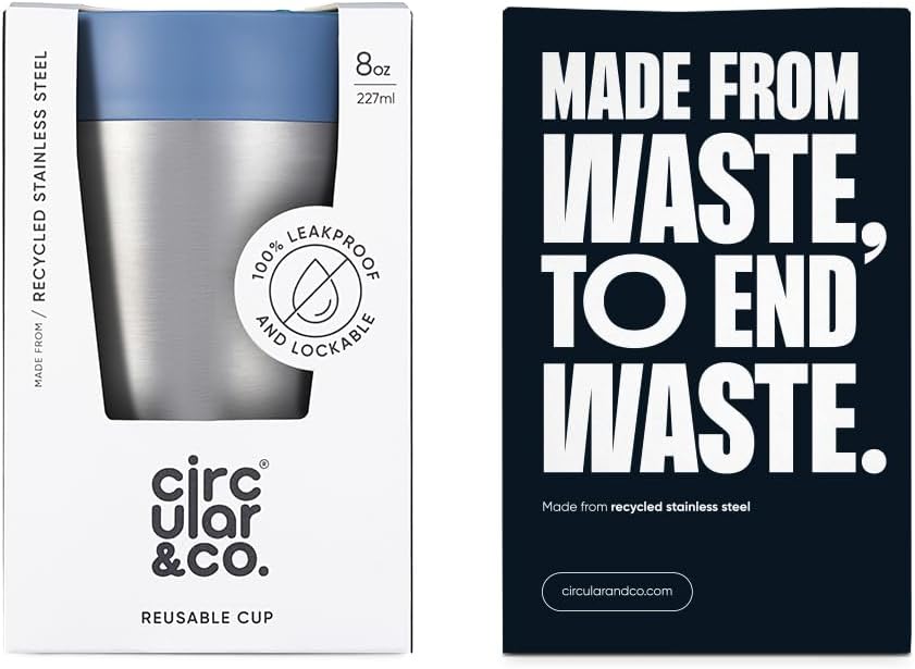 Circular & Co Thermal Stainless Steel Travel Mug - 8oz/227ml - Insulated Reusable Coffee Cup - 100% Leakproof & Lockable - 6 Hours Hot/Cold - Push Top, One Hand Open, 360 Drinking Coffee Tumbler
