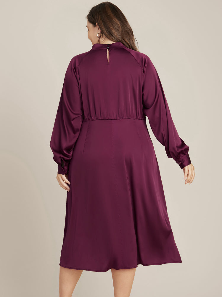 Solid Pocket Keyhole Mock Neck Satin Midi Dress