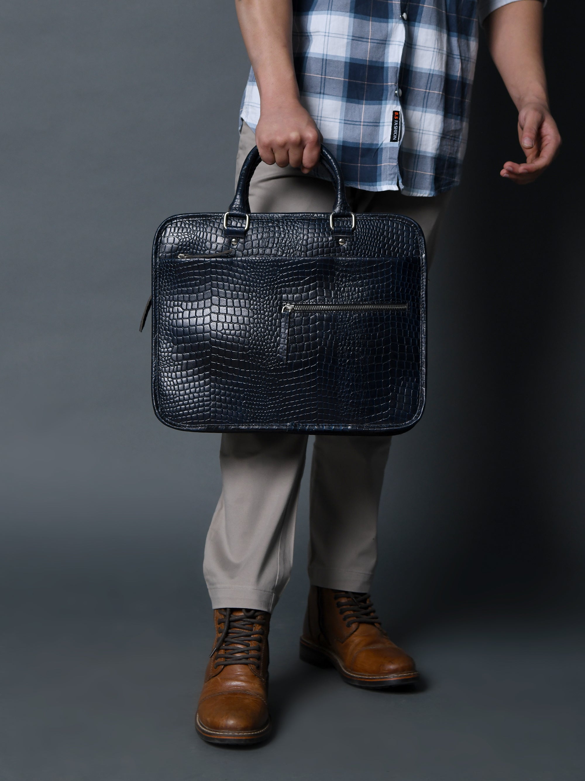 Croco Leather Computer Bag. Navy