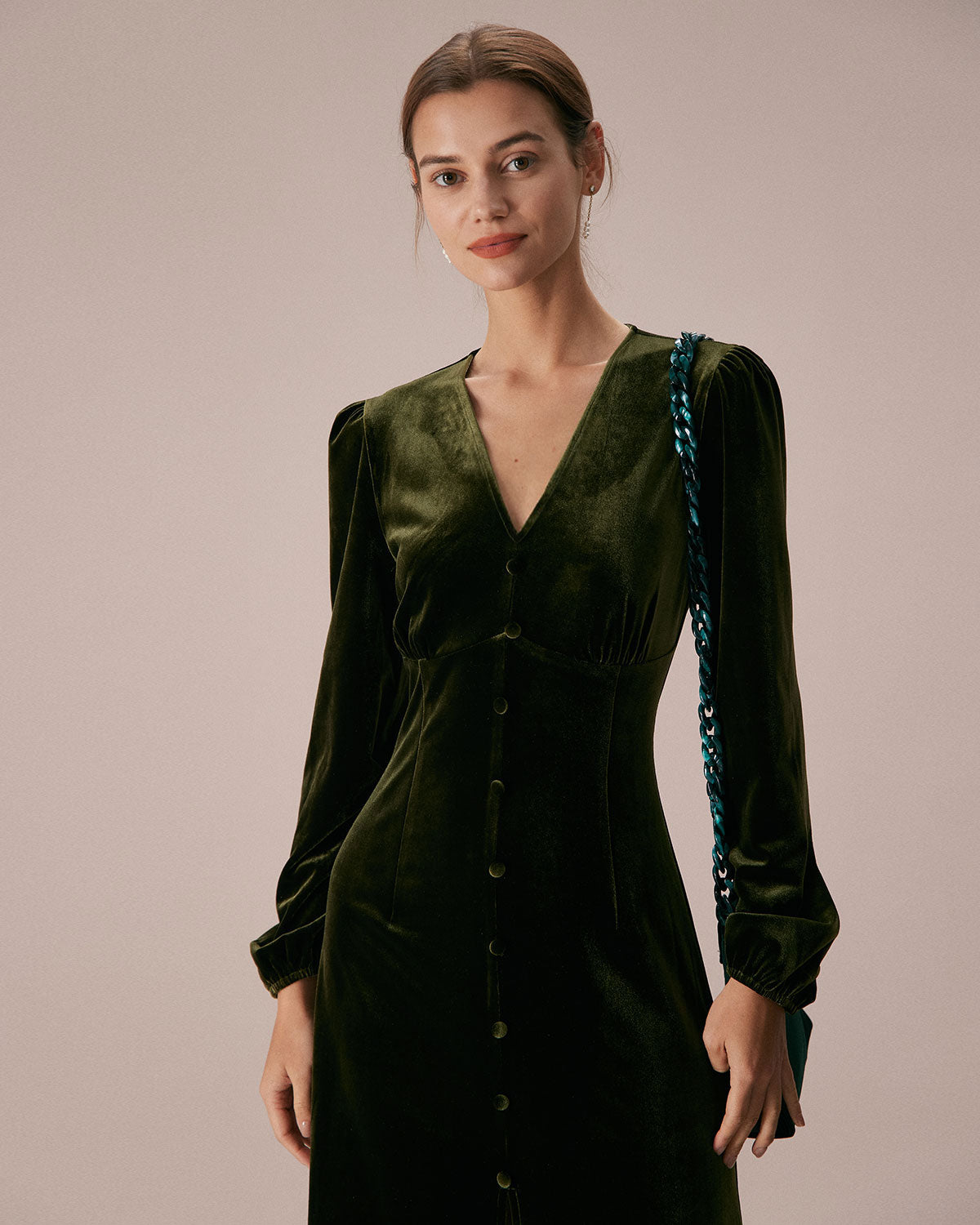 The Green V Neck Button Velvet Midi Dress