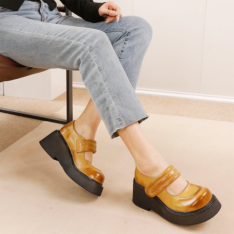 55mm Chunky Heel Vintage Cowhide Platform Mary Jane Shoes in Black/Khaki