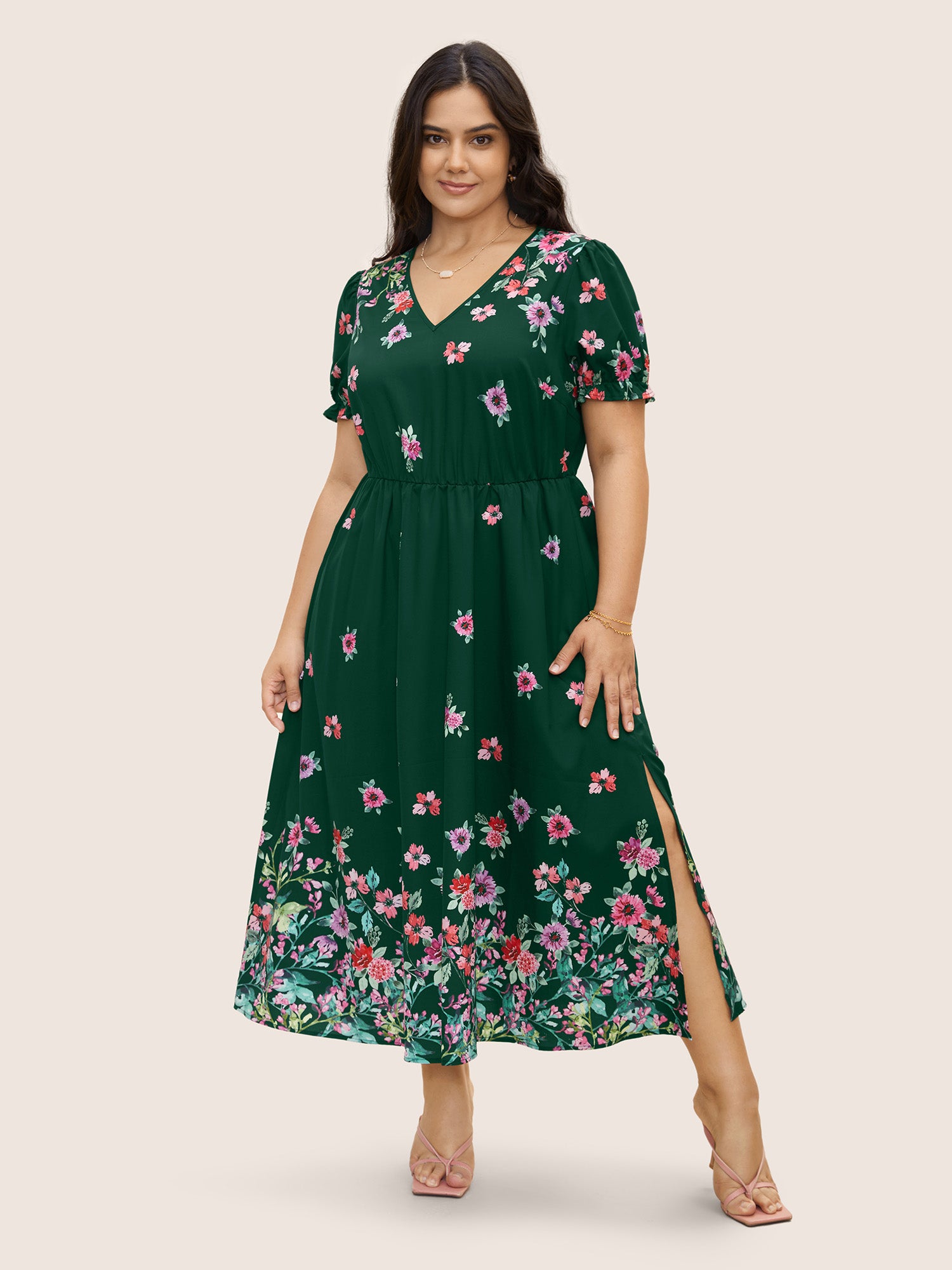 Boho Print V Neck Elastic Waist Dress