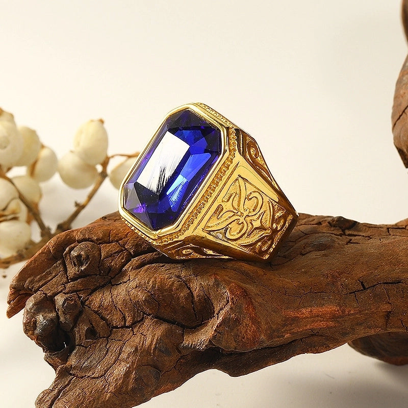 Retro Square Titanium Steel Plating Inlay Artificial Gemstones Rings