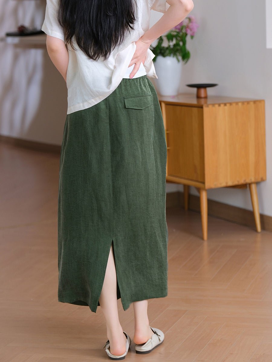Women Summer Pure Color Linen Straight Skirt