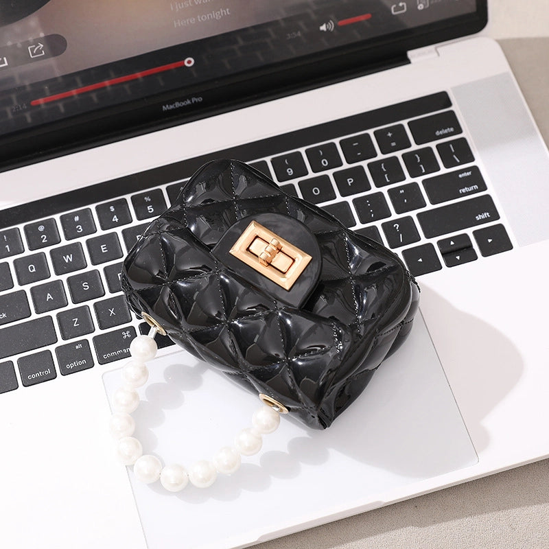 Women's PVC Solid Color Cute Beading Pearls Square Lock Clasp Crossbody Bag