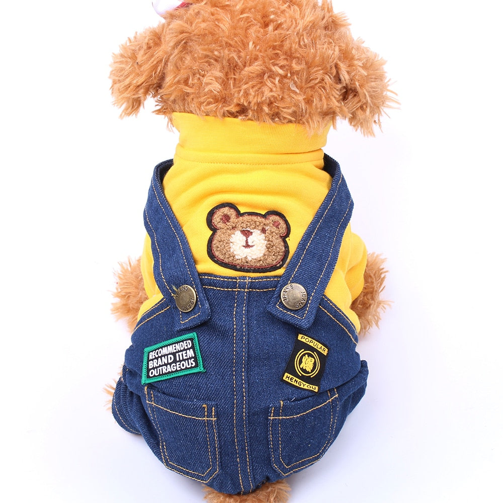 Bear Pattern Dog Cat Denim Jumpsuit