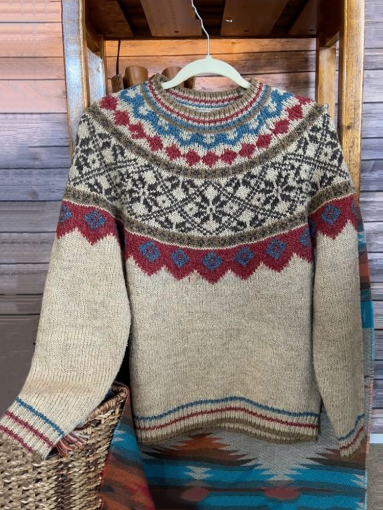 Vintage Icelandic Jacquard Knitted Pattern Cozy Sweater