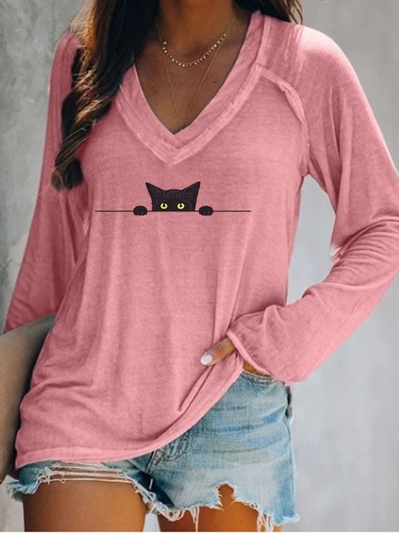 Women's Black Cat Casual V-Neck Long-Sleeve T-Shirt