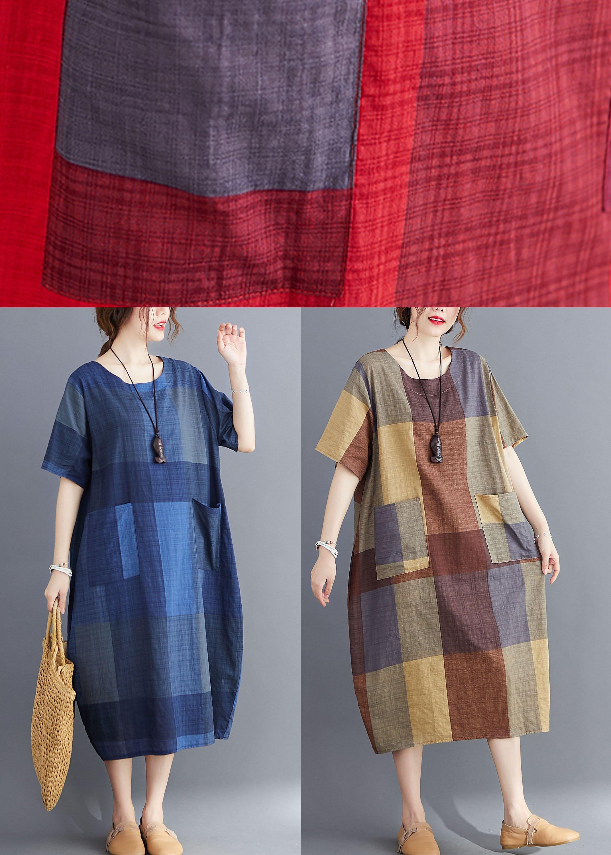 Stylish Blue O Neck Plaid Maxi Dresses Cotton Linen Summer
