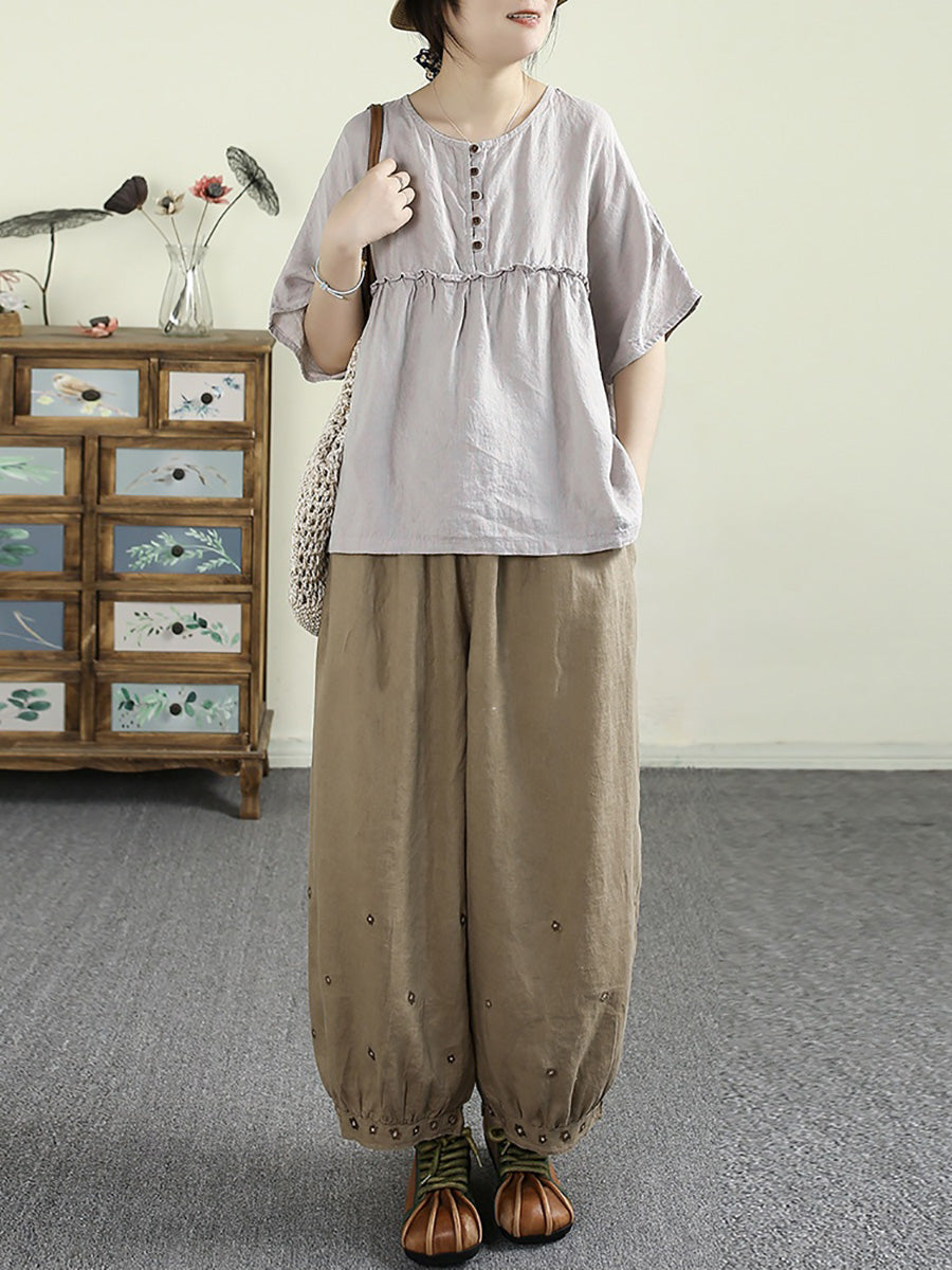 Women Summer Vintage Pure Color Spliced 100%Linen O-Neck Shirt