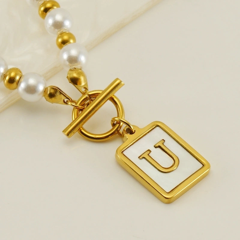 Stainless Steel 18K Gold Plated Elegant French Style Pearl Plating Inlay Letter Shell Pendant Necklace