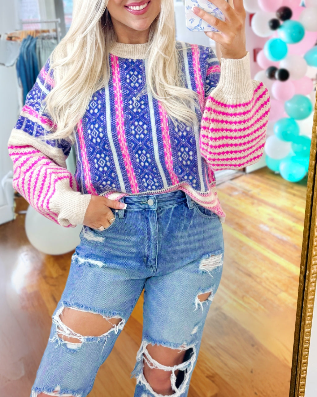 Bright Aztec Stripe Knit Sweatshirt