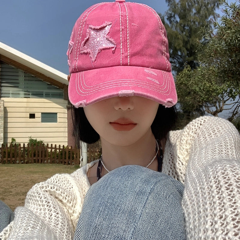 Vintage Ripped Baseball Cap Women's Spring And Summer Korean Style Big Head Face Showing Small Cap Pink Wide Brim Hat Trendy