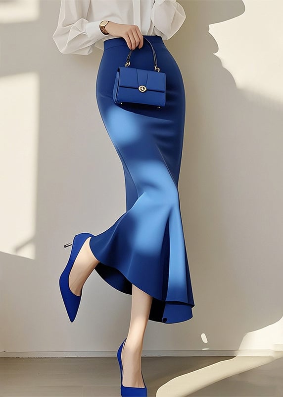 New Blue Solid High Waist Cotton Fishtail Skirt Spring