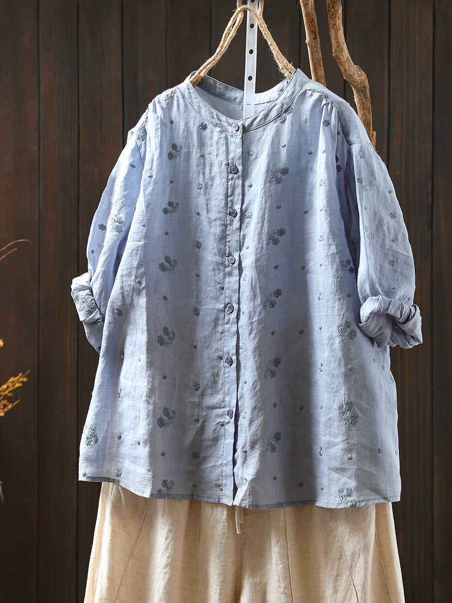 Women Summer Embroidery 100%Ramie Stand Collar Shirt