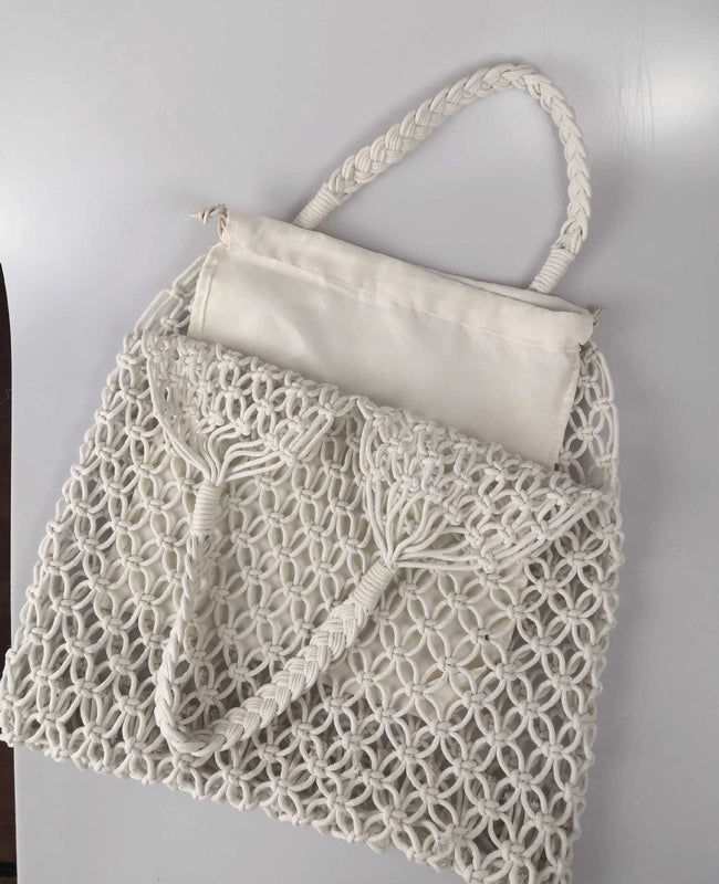 Women's Large Summer Cotton Thread Solid Color Vacation Beach Weave Hollow Open Handbag Beach Bag