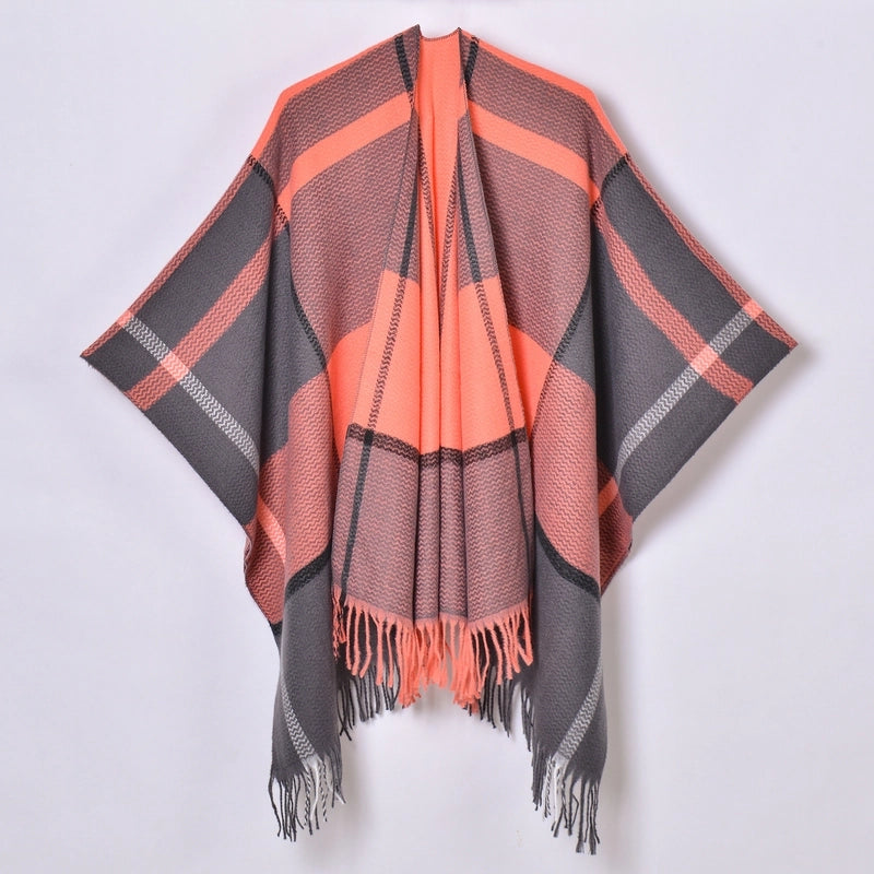 New Tassel Split Shawl Autumn And Winter Women's Simple Plaid Jacquard Scarf Cloak Hot Selling