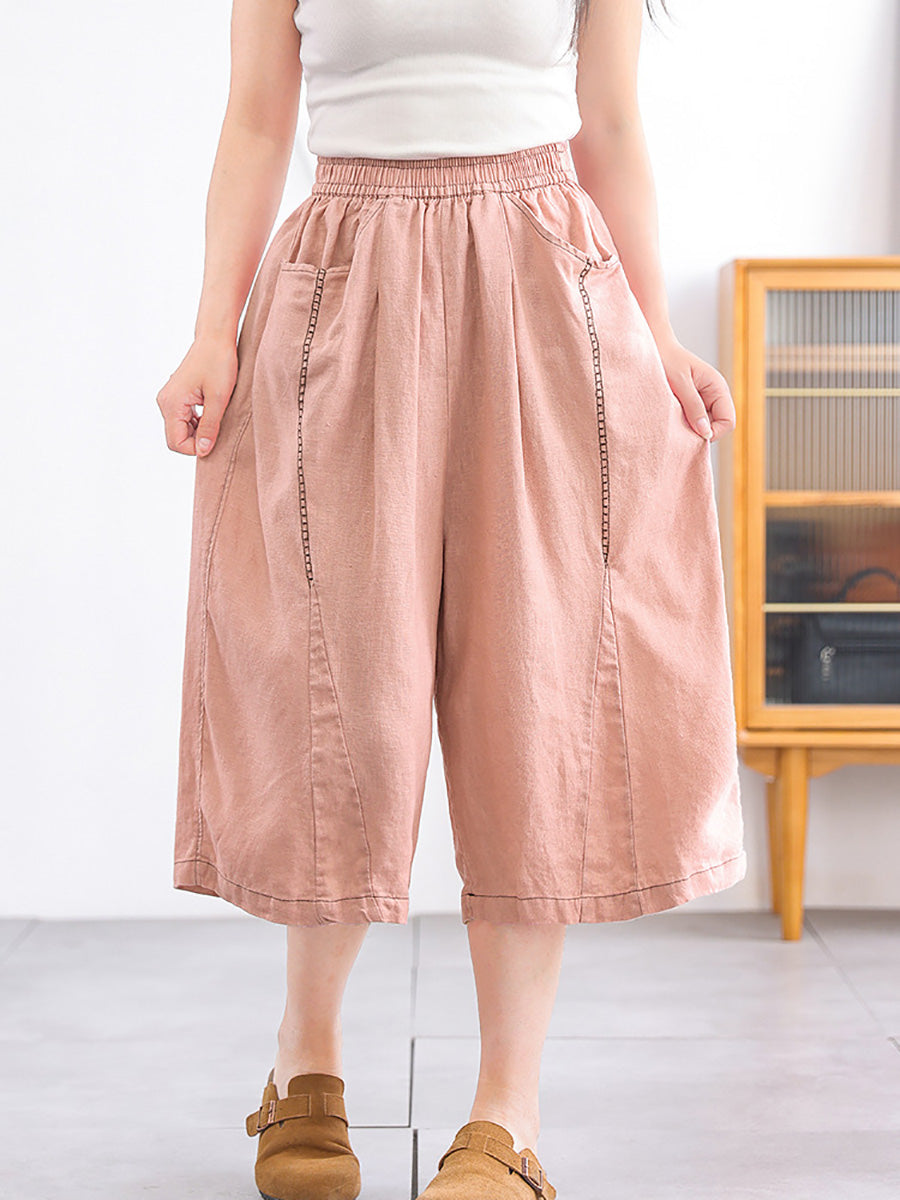 Women Casual Pure Color 100%Linen Wide-leg Cropped Pants