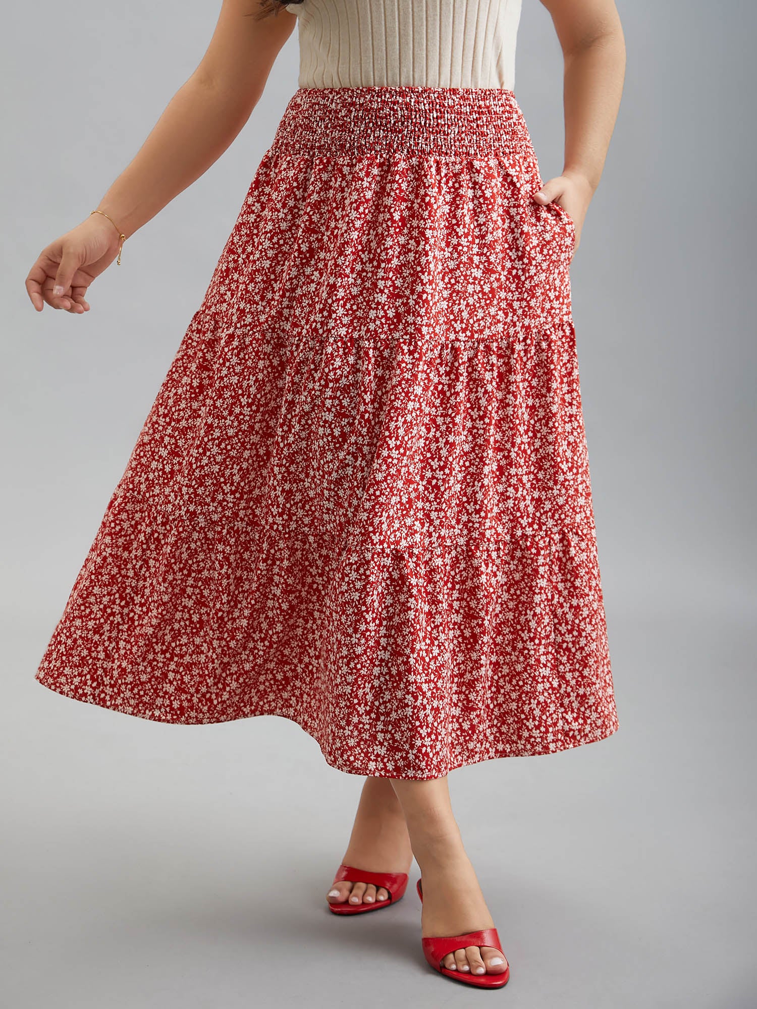 Romantic Floral Waist Shirred Midi Skirt