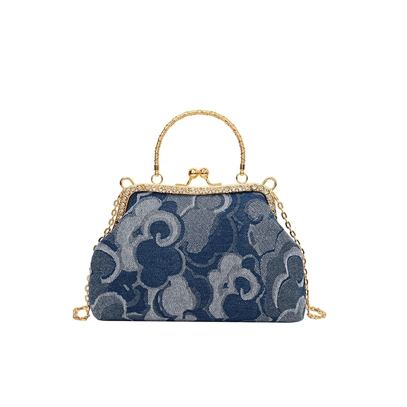 Women's Denim Flower Classic Style Sewing Thread Shell Clasp Frame Handbag
