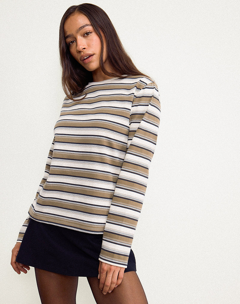 Dafika Long Sleeve Jersey Top in Brown and White Stripe