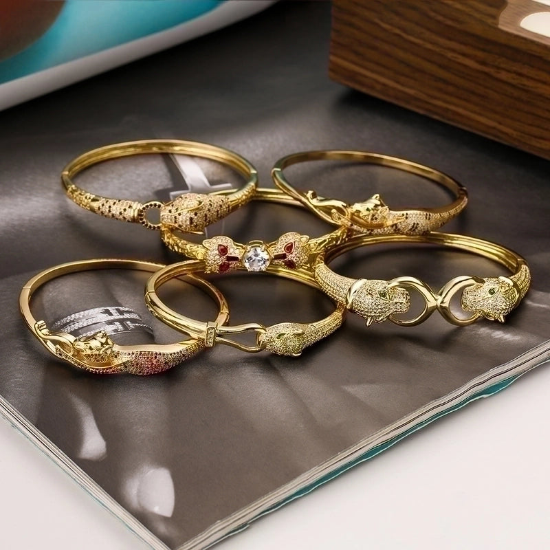 2 Pieces Hip-hop Leopard Copper 18k Gold Plated Pearl Zircon Bangle In Bulk