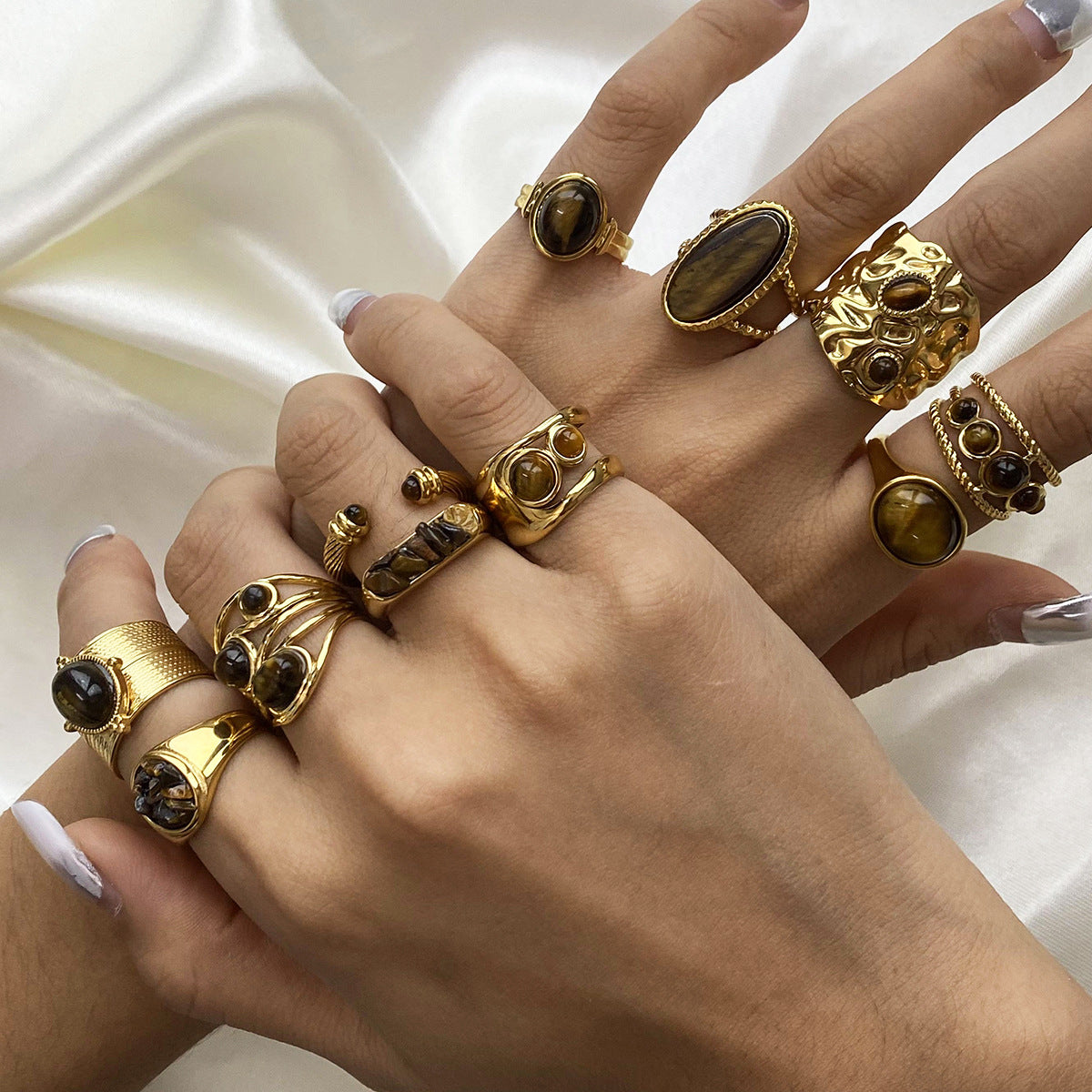 Jie Ding Stainless Steel Tiger Eye Stone Ring Antique Ring Titanium Steel Bracelet Rings