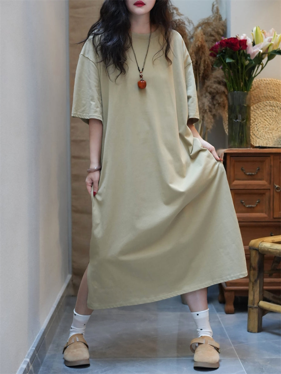 Women Summer Casual Pure Color O-Neck Cotton Dress