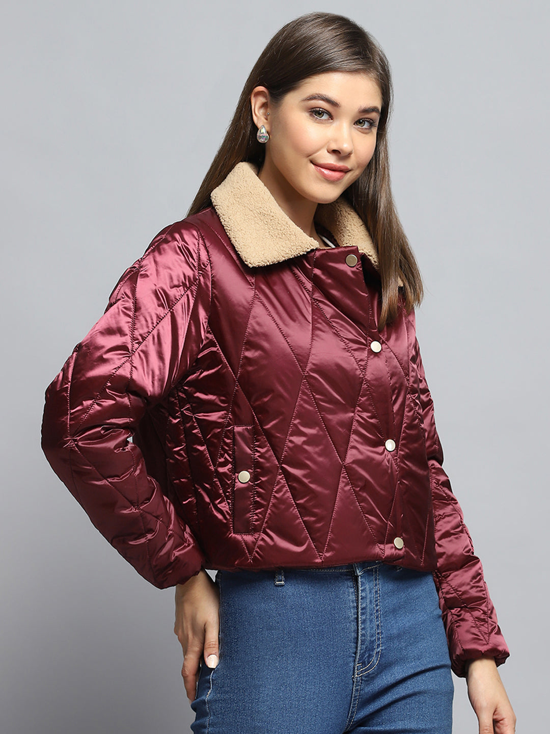 Women Maroon Solid Collar Full Sleeve Jacket