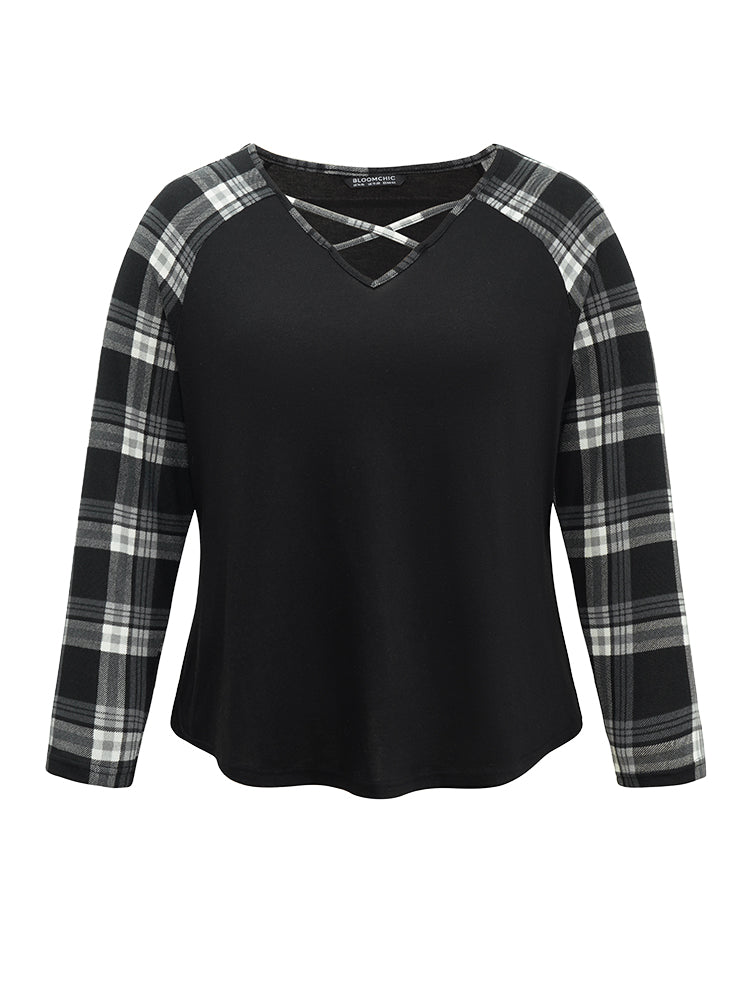 Plaid Patchwork Raglan Sleeve Crisscross T-shirt