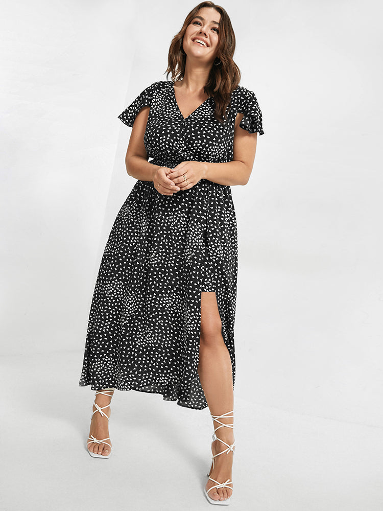 V Neck Butterfly Pattern Split Dress