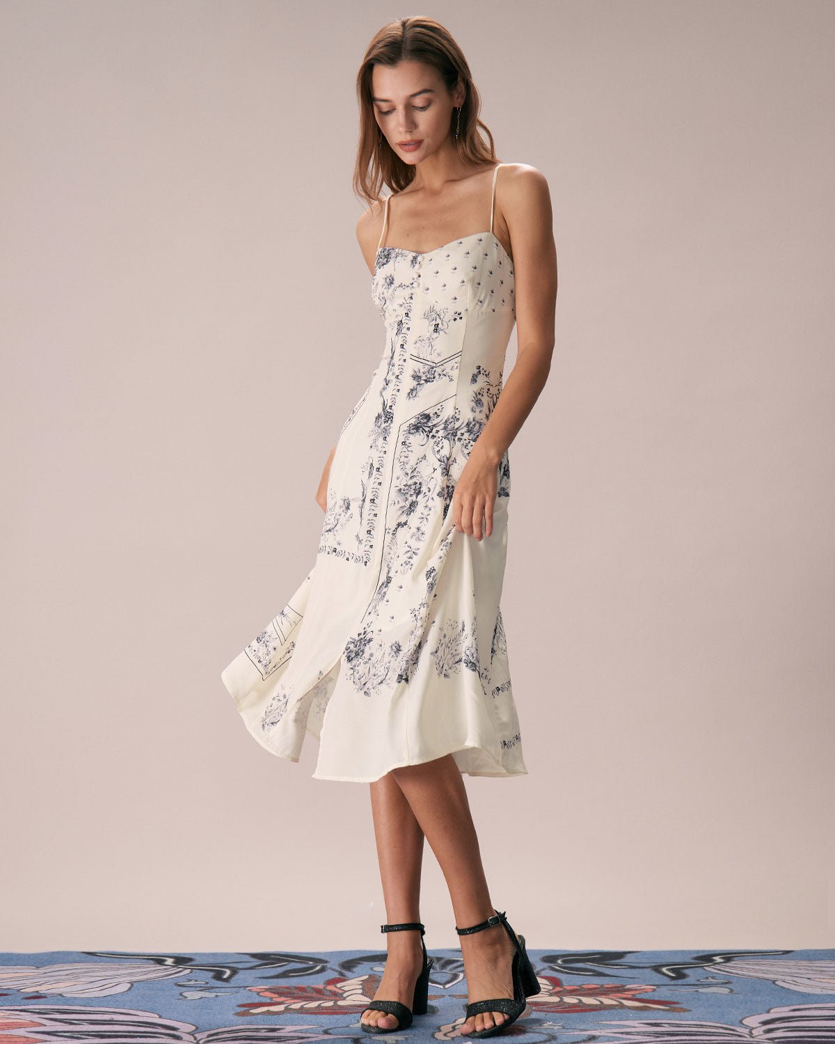 The Beige Floral Split Hem Slip Midi Dress
