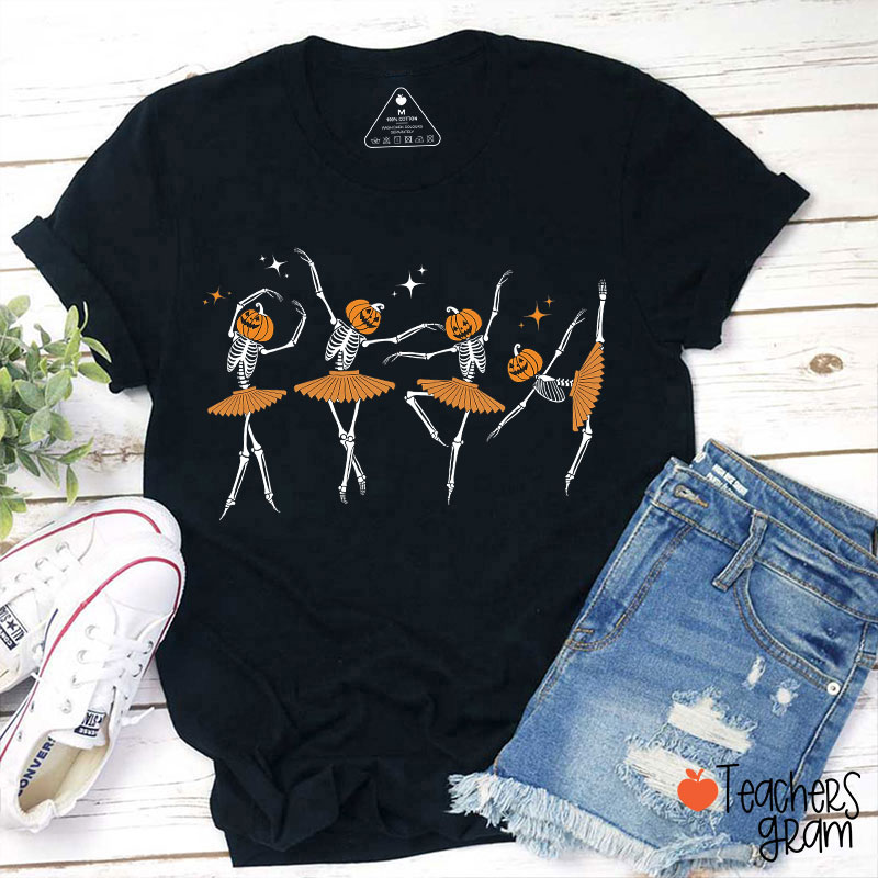 Dancing Pumpkin Skeleton Teacher T-Shirt