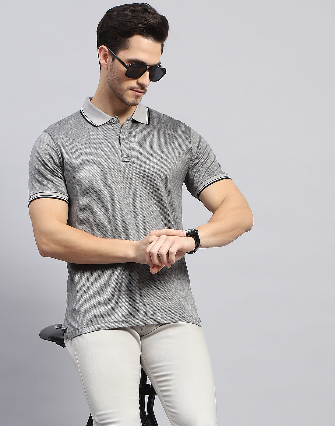 Men Grey Solid Polo Collar Half Sleeve T-Shirt