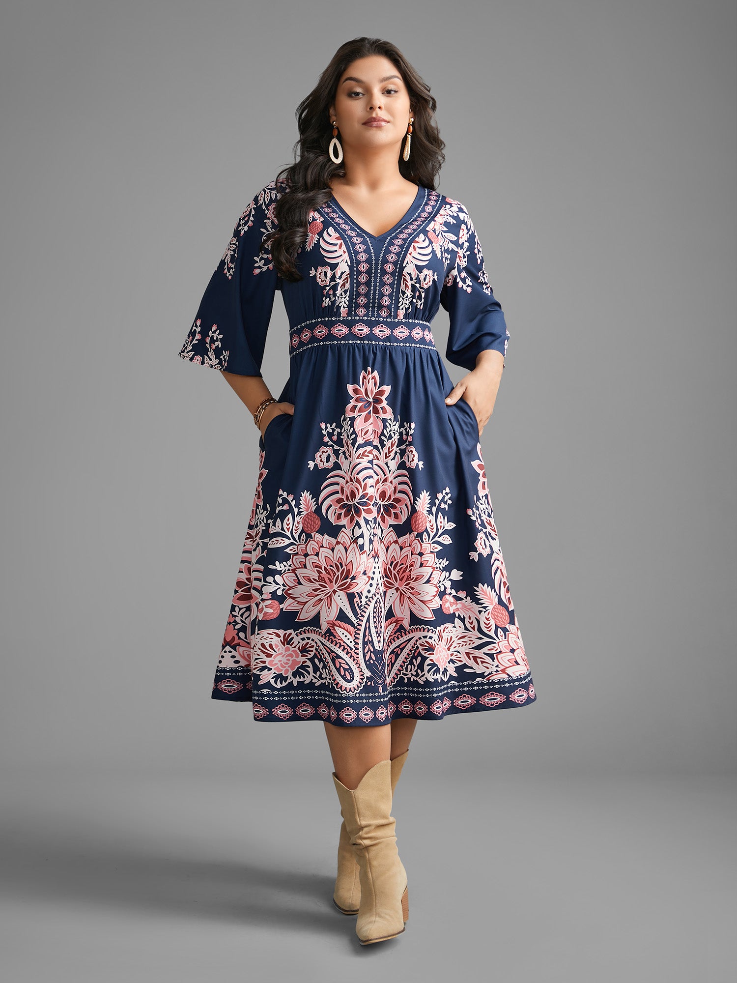 Boho Print Ruffle Sleeve Shirred Dress