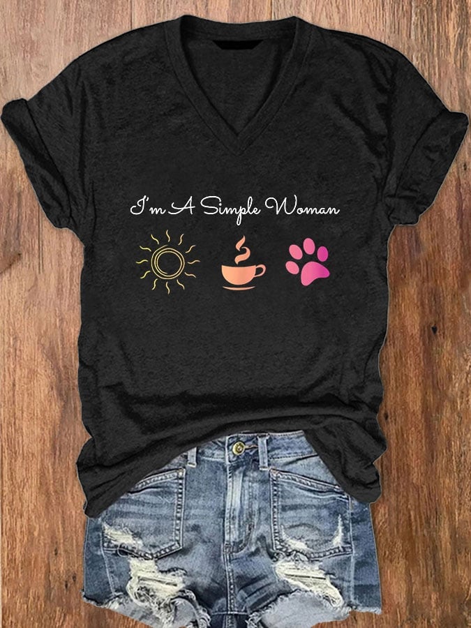 Women's I'm A Simple Woman Sunshine Coffee Paw Dog V-Neck T-Shirt