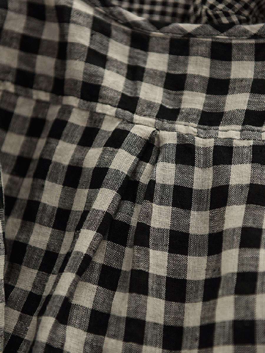 Women Summer Vintage Plaid 100%Linen O-Neck Shirt