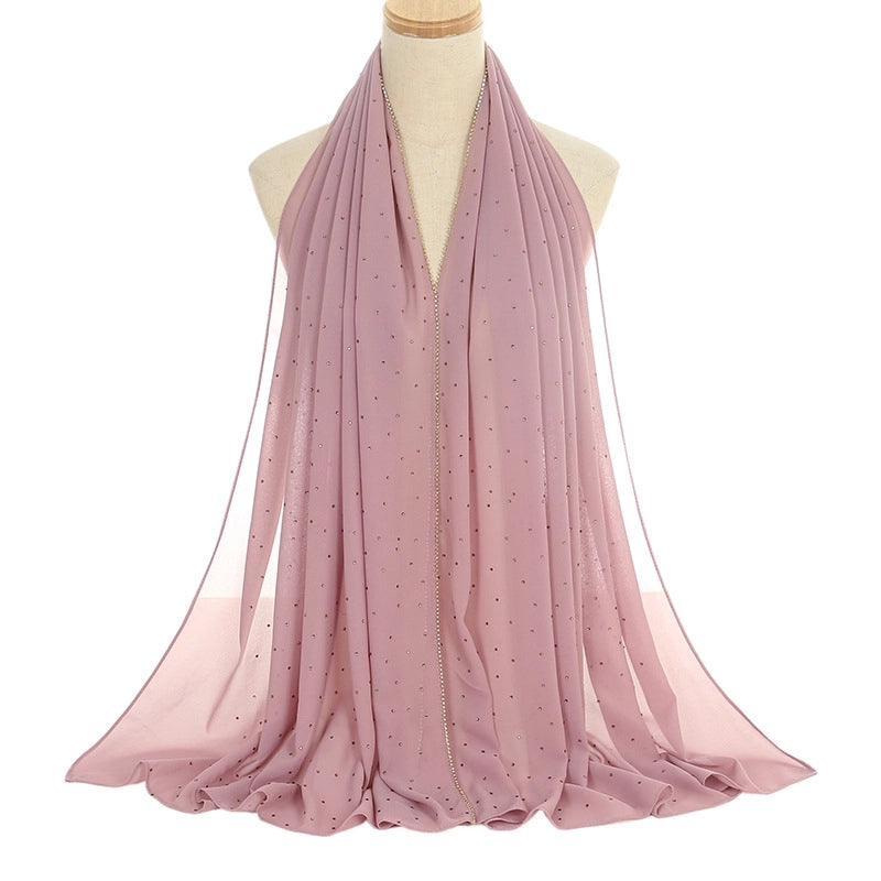 New Rhinestone Chain Pearl Chiffon Long Scarf Casual Diamond Headscarf Scarf Scarf Women's Scarf