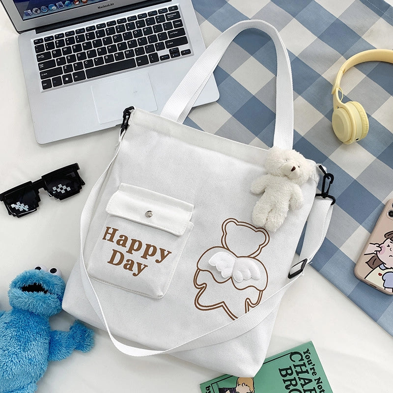 Women's Large Canvas Letter Little Bear Classic Style Zipper Canvas Bag