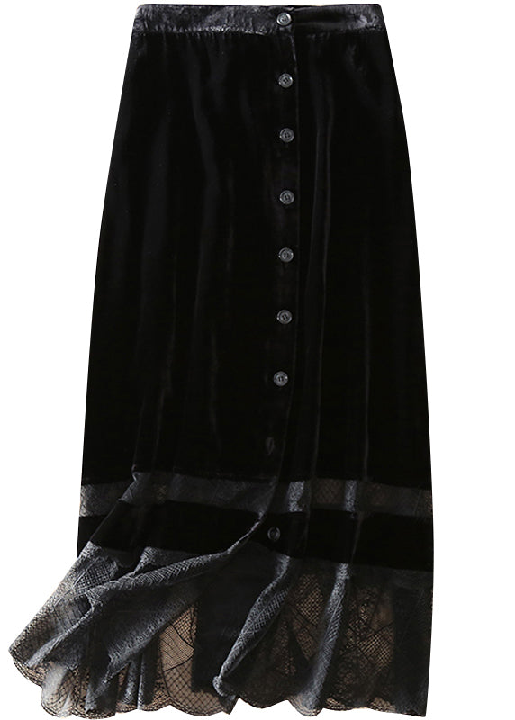 Fine Black Patchwork Button Silk Velour Skirts Spring