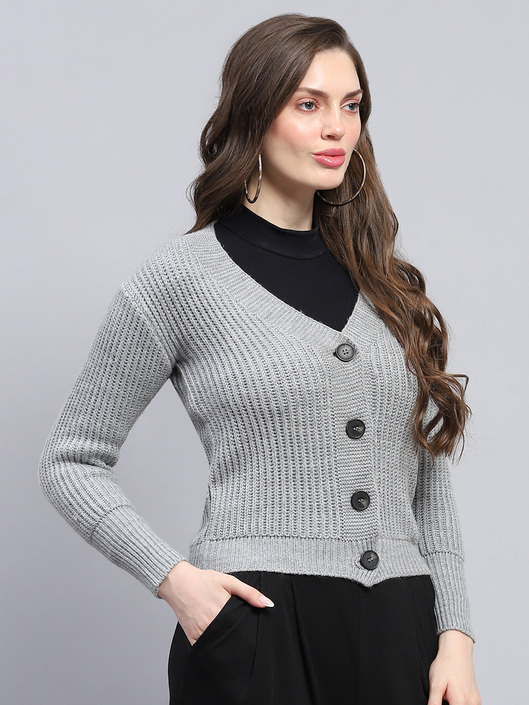 Women Grey Self Design V Neck Full Sleeve Cardigan