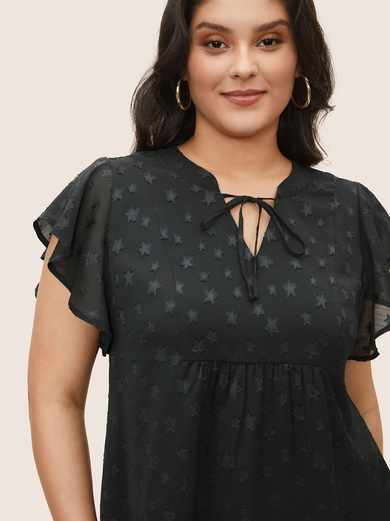 Star Mesh Gathered Ruffle Sleeve Blouse