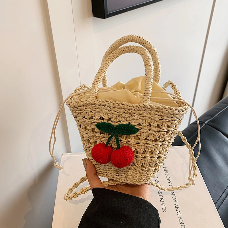 Women's Medium Straw Solid Color Flower Vacation Beach Weave Bucket String Straw Bag