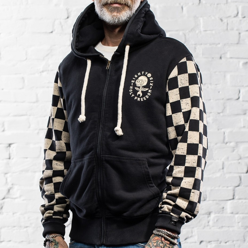 Retro Motorcycle Cotton Checkerboard Long Sleeve Hooded Zipped Jacket