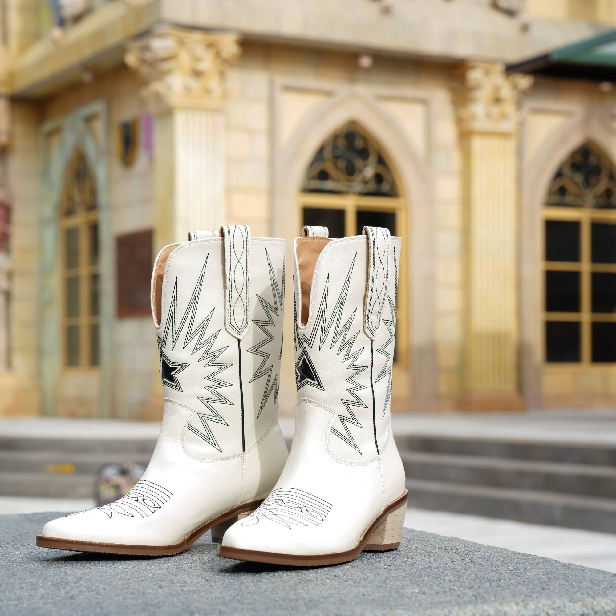 Womens Western Boots Mid Calf Contrast-stitching Cowboy Boots- Black/White Cowgirl Boots